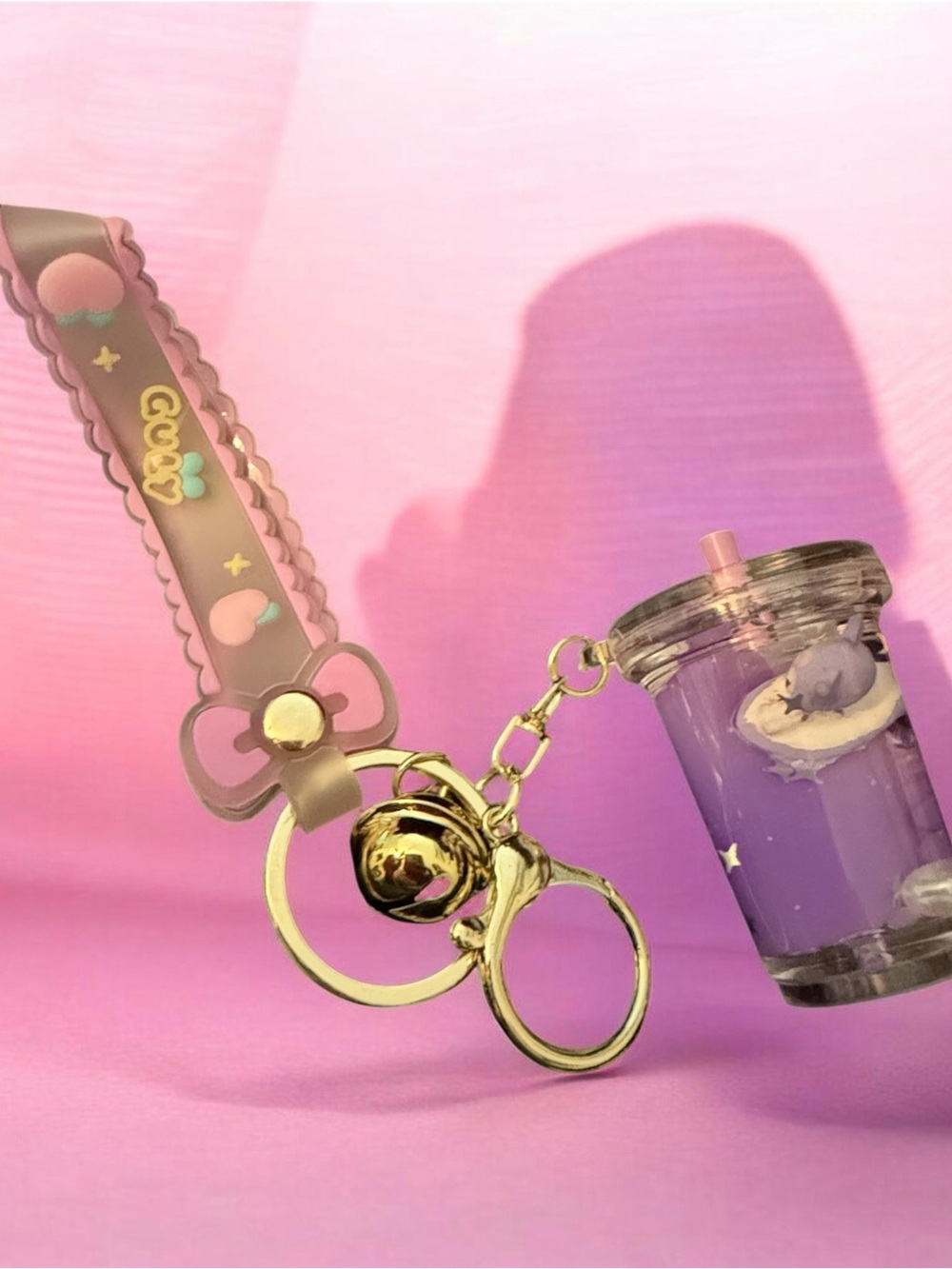 Cute Pink Peach Wrist Strap Keychain with Purple Drink Charm